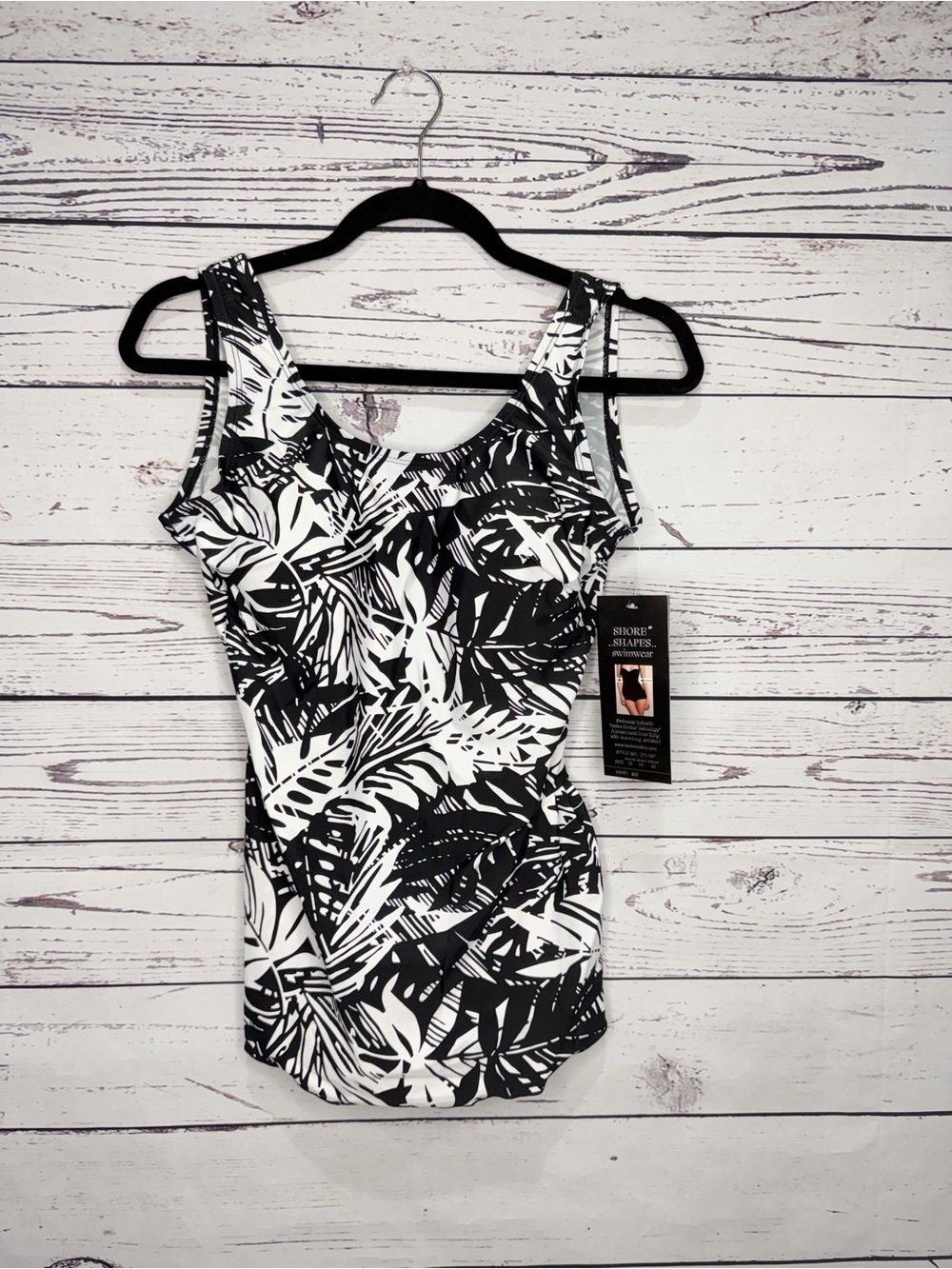 Tummy Control Swimdress One Piece Swimsuit Black White Tropical Print NWT
